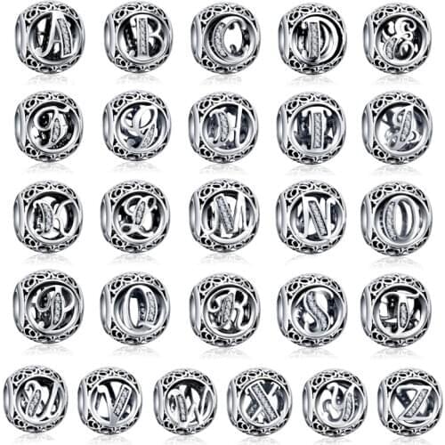 NBSAMENG Real 925 Sterling Silver Vintage Clear Letter Bead Charms Fit Bracelets Women Charm Silver Jewelry