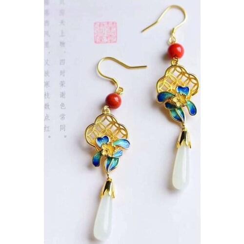 Original Design Retro Vintage Tang Han Style Hetian Jade S925 Silver Earrings Ear Stud Earring Womens Earrings