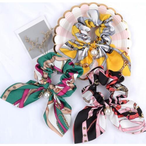 Korea Women Hair Accessories Hair Scrunchie Bows Ponytail Holder Hairband Print Bow Pearl Scrunchy Girls Hair Rubber Bands