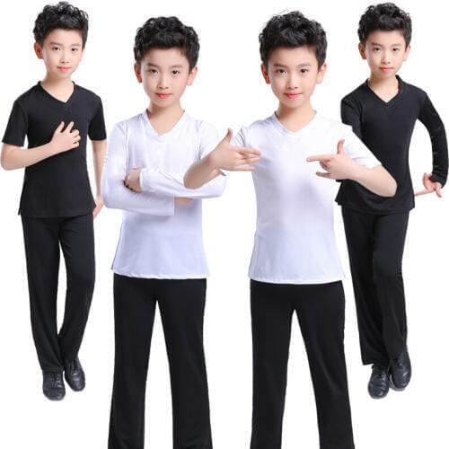 New Latin Dance Shirts Boys Children Black White Milk silk Shirt Ballroom Tops Boy Male Practice Clothes