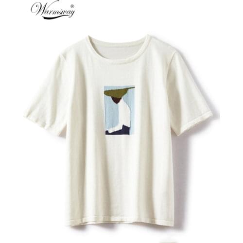 Summer Fashion Jacquard Weave Cotton Shirt Women Knitted Tops O-Neck White Tees Basic&Casual Girls Tshirt B-048