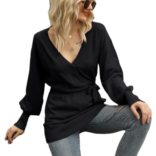 2021 Autumn Winter Women Sweater Fashion V-Neck Lantern Long Sleeve Solid Color Knitted Sweater with Belt Pullover Tops