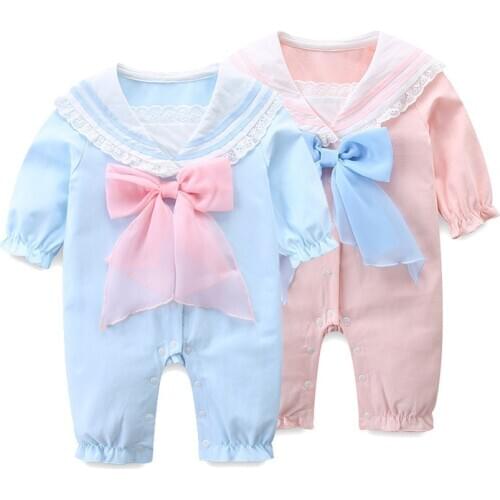 Newborn Baby Spring Clothes Girls Rompers Long Sleeve Sailor Collar Infant Overalls Costumes with Big Bow 2 Color 0-2Y