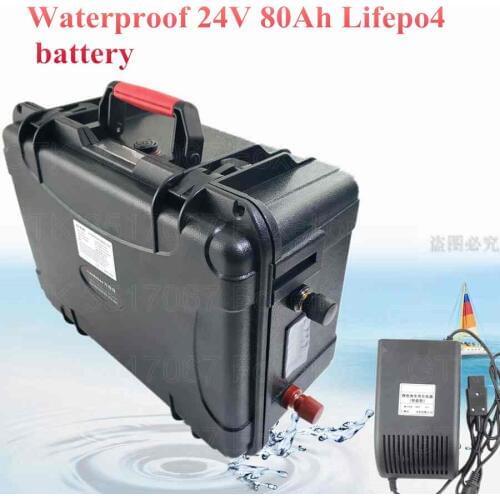 Waterproof 24V 80Ah Lifepo4 battery 1500W 24V Lithium battery Electric Bike battery solar power motor with BMS + 10A Charger