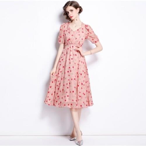WTIANYUW 2021 New Designer Runway Flower Print Vintage Elegant Pink Midi Long Dress Summer Party Dinner Dresses High Quality