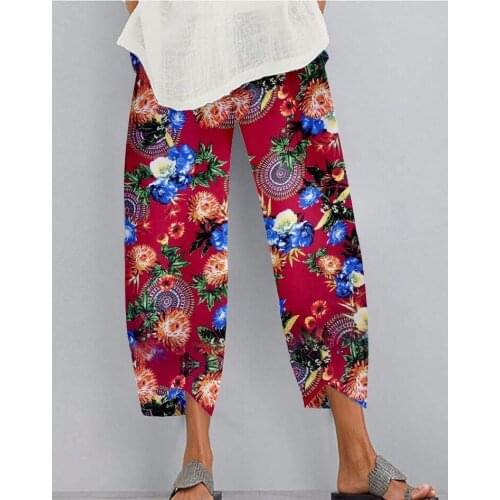 Women Elastic Waist Floral Printed Pants Casual Wide Leg Trousers Harem Pants Loose Pantalon Plus Size Streetwear