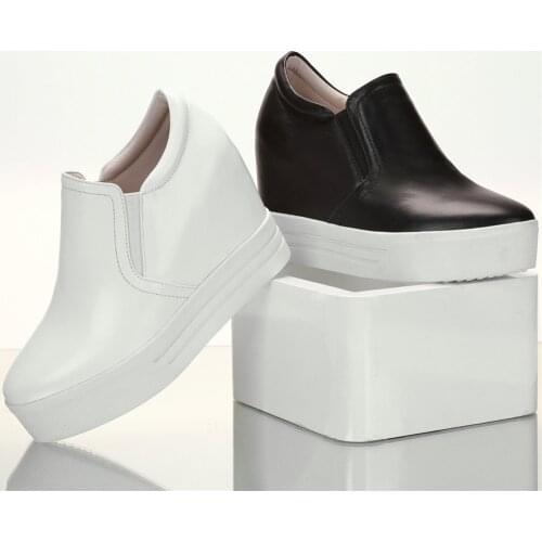 Chunky Platform Shoes Women Slip On Genuine Leather Wedges High Heel Pumps Shoes Female Round Toe Fashion Sneakers Casual Shoes