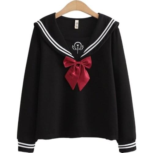 Striped Patchwork Bow Women Sweatshirt 2021 Winter Long Sleeve Sailor Collar Sweet Female Kawaii Cute Embroidery Pullover Tops