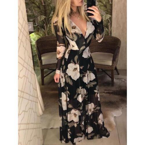 Women Summer Boho Floral Long Sleeve V Neck Long Maxi Dress Elegant Chiffon Party Beach Robe Sundress