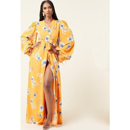 Women Summer Floral Print Maxi Dress 2021 Yellow Boho Beach Dress Women Evening Party Long Dress Plus Size Vestidos Female