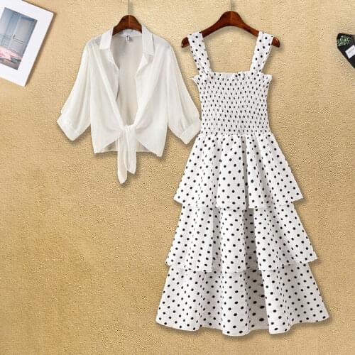 Women Summer Dress Polka Dot Chiffon Sleeveless Beach Midi Casual Sundress 2021 Fashion Plus Size Dress With Chiffon Small Shawl