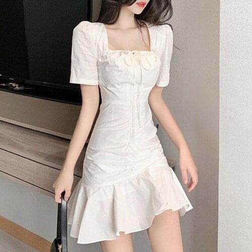 Women Dress Ruffled Hem Square Neck Polyester Short Sleeve White Streetwear Womens Office Lady Street Casual Basic Mini Dresses