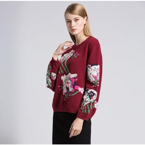 Vintage Red Rose Flower Pullover Loose Wool Knit Sweater Brand Design Women Winter Coat Top O-Neck Long Sleeve Clothing
