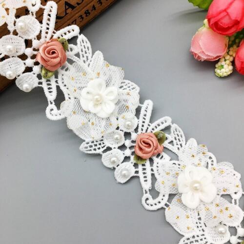1 Yard Vintage Rose Flower Beaded Pearl Lace Ribbon African Beaded Trim for Wedding Dress Embroidered Applique Sewing Craft