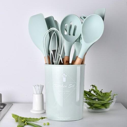 11PCS Silicone Kitchenware Cooking Utensils Set Heat Resistant Non-Stick Wooden Handle Cooking Baking Kitchen Tools Cookware