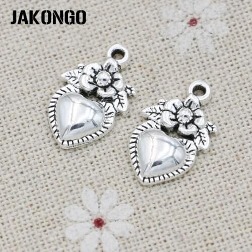 30pcs Antique Silver Plated Rose Flower Heart Charms Pendants for Jewelry Making Bracelet Earrings Accessories DIY 18x12mm
