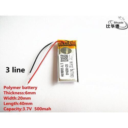 5pcs/lot 3 line Good Qulity 3.7V,500mAH,602040 Polymer lithium ion / Li-ion battery for TOY,POWER BANK,GPS,mp3,mp4
