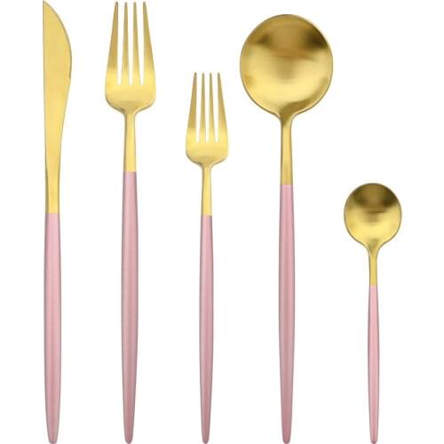5Pcs Pink Gold Dinnerware Set Knife Fork Coffee Spoon Tableware Western Stainless Steel Cutlery Set Kitchen Silverware Flatware