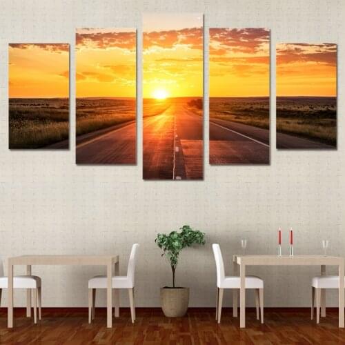Wall Art 5 Pieces Sunrise Landscape Pictures Sunset Highway Posters Canvas Paintings Living Room Home Decor Framework HD Prints