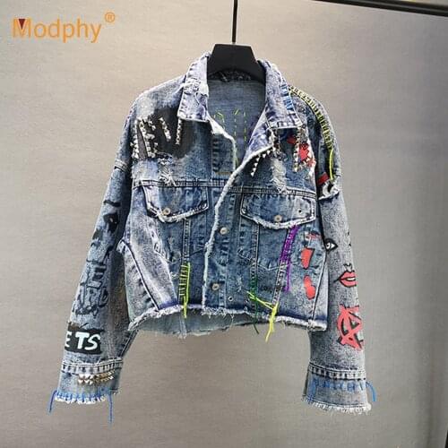 Free Shipping Denim Jacket Female Blue Rivet Graffiti Printi Coat Single-Breasted Women Jeans Coat 2021 Fashion New Clothing
