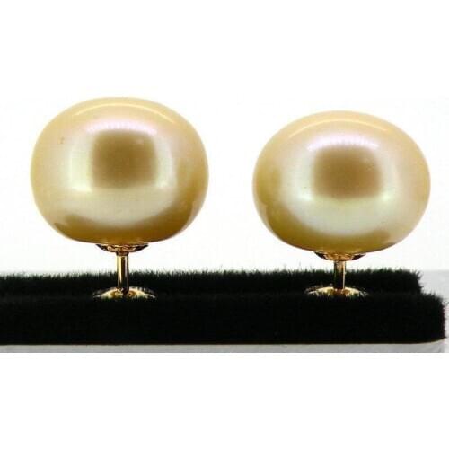 Free shipping Genuinel AAA+++ 10mm berad champagne south sea pearl earring 18k yellow gold