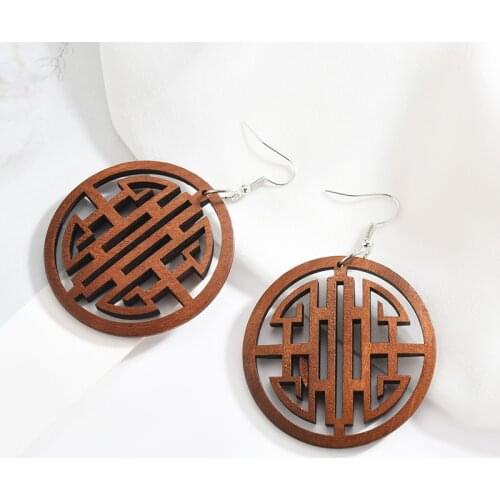 .european and American Vintage Jewelry Bohemian Geometric Solid Mahogany Hollow Round Earrings for Women