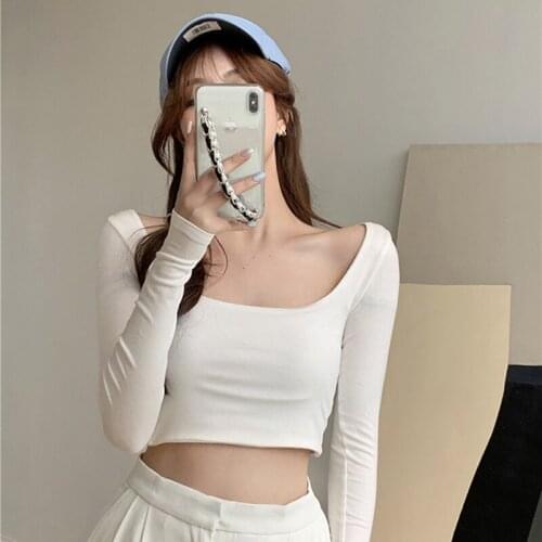 Cotton T Shirt Women Summer 2021 New Long Sleeve Slim Solid T Shirts 5 Color Casual Tshirt Korean O Neck Female Crop Tops
