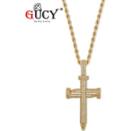 GUCY Hip Hop New Nail Cross Pendant Necklace Micro Pave AAA+ Cubic Zirconia Stones Egyptian Style Necklaces Gift for Prayer