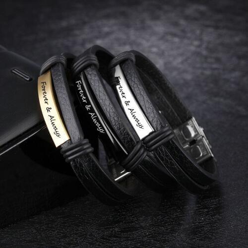 Personalized Engraved Black ID Tag Leather Bracelet For Men Dad Stainless Steel Custom Name Date Wristbands Bangles