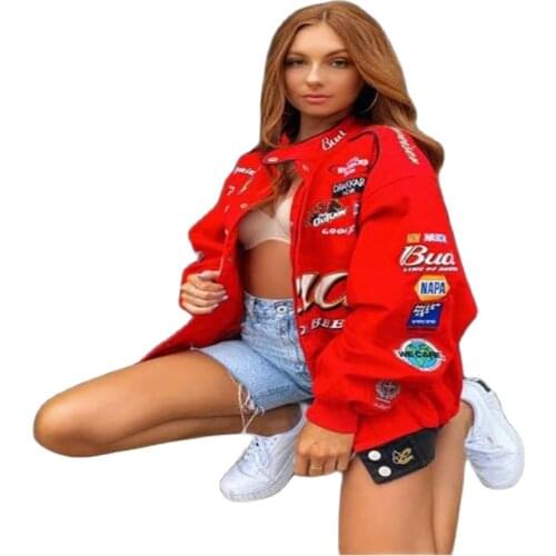 Autumn 2021 Preppy Style Women/Girl Stand Collar Letter Print Zipper Casual Loose Bomber Jacket Outdoor Sport Red Thin Outerwear