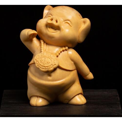 Cute Wood Carving Pig Ornaments Boxwood Wenwan Solid Wood Living Room Lucky Carving Crafts Animal Statue Mini