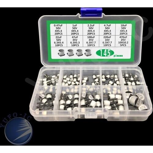 1Box 10value 145pcs Aluminum electrolytic capacitor kit mix 10v 25v 35v 0.47uf 1uf 2.2uf 4.7uf 10uf 22uf 47uf 100uf 220uf 470uf