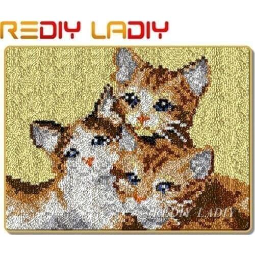 Latch Hook Rug Kits Crocheting Carpet Rug Three Kittens Acrylic Yarn Pre-Printed Canvas Cushion Mat DIY Crochet Tapestry Crafts