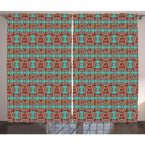 Quirky Tribal Curtains Ethnic Funky Look Circles Art Satin Fabric Drapes for Living Room Bedroom 2 Panel Window Set