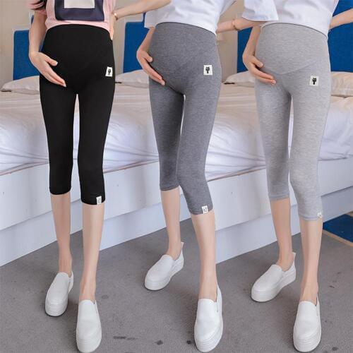 Solid Color Pregnancy Leggings Cat Pattern Cropped Trousers for Pregnant Woman Support Abdomen