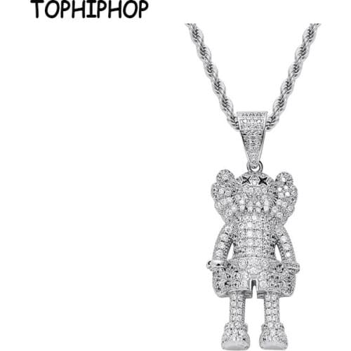 TOPHIPHOP Hip Hop Cartoon Doll Pendant Necklace Gold Micropavé CZ Charm Rope Chain Necklace Bling Hip Hop Men’s Jewelry