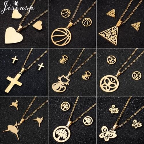 Rock Round Basketball Pendant Necklace Vintage Cross Cat Flower Ballet Butterfly Necklace Earrings Set for Women Fashion Jewelry