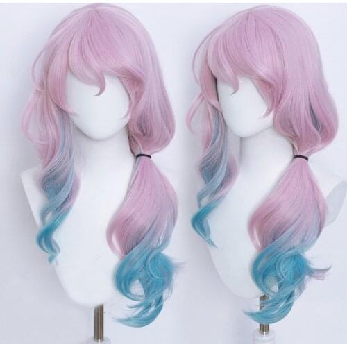 Gradient Pink Blue Harajuku Lolita Wig Fairy 58cm Long Curly Girls Synthetic Hair Wavy Cute Bangs Kawaii Princess Daily Wear