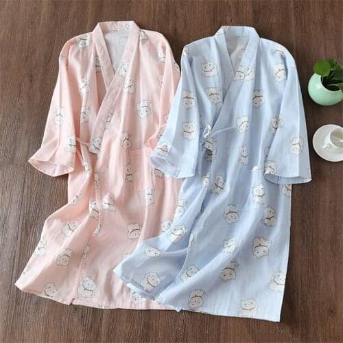 Japanese Kimono Pajamas Set Summer Short Sleeve Short Pants Nightdress Womens Cotton Cloth Loose Nightgown Kimono Women