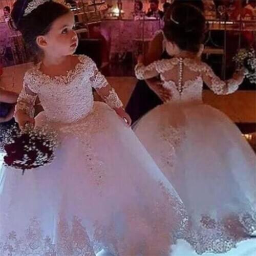 White Long Sleeve Gown Princess Flower Girls Dresses Appliques with Beaded Stunning Cute Girls First Holy Communion Dresses