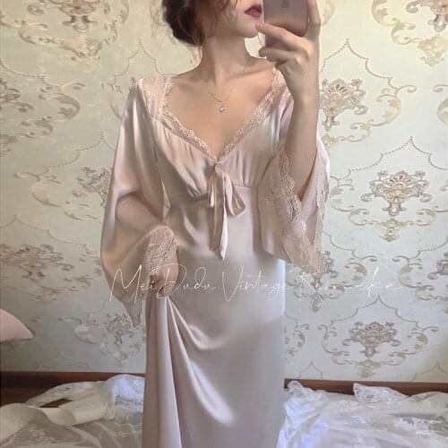 Womens Ice Silk Dress Moranti Pink Satin Princess Sleepshirts Vintage Ladies Lace Nightgowns Nightdress Ladies Home Sleepwear