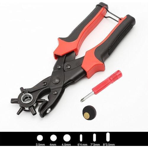 Leather Belt Hole Punch Plier 6 Size Head revolves for DIY Hand Made (Red 3 Round 3 Flat Size)