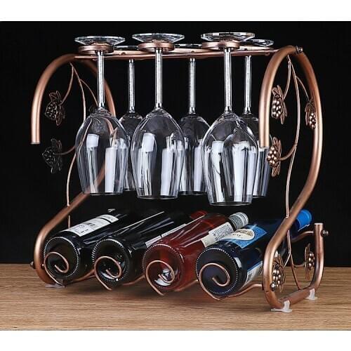 Wine Rack Stand Drinking Glasses Hanging Bronze Iron Multi-Function Stemware Shelf Bottle & Glass Cup Holder Display