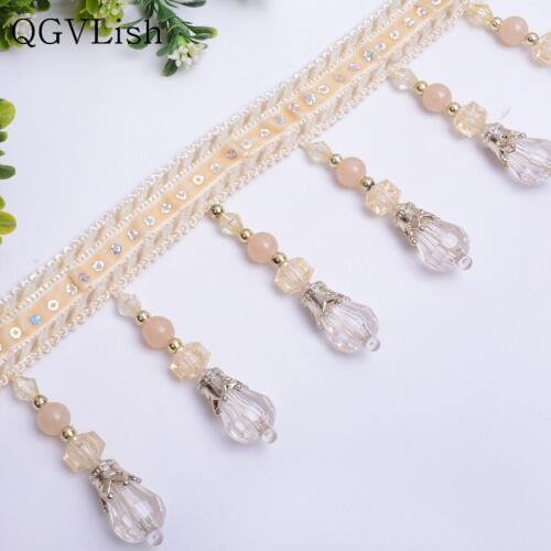 QGVLish 12M Crystal Bead Curtain Lace Trims Ribbon DIY Sewing Sofa Stage Lamp Valance Decor Lace Tassel Belt Curtain Accessories