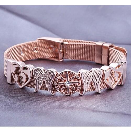 BAOPON High Quality Stainless Steel Mesh Bracelets With Crystal Feather & Heart Charm Bracelets Bangles Set For Women Wife Gift