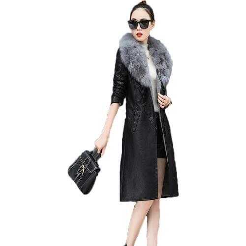 Womens Leather Jacket 4xl Fashion Faux Fur Collar Long Sleeve Medium Long Coat 2019 New Winter Ladies Solid Wool Keep Warm Tops