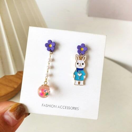 S925 Needle Cartoon bunny fresh and cute flower bubble asymmetric earrings