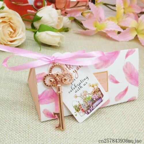 50 Pcs Skeleton Key Bottle Openers Paper Candy Boxes and Ribbon Wedding Gift Party Favor Souvenir