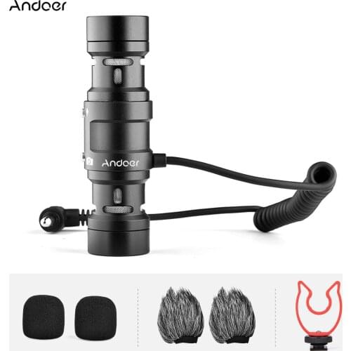 Andoer MIC11 Mini Single/Double Directional Recording Microphone Mic 3.5mm Plug-and-Play with Shock Mount Wind Screen for phone