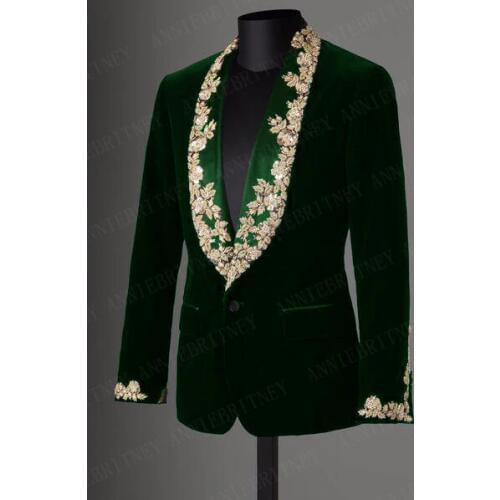 ANNIEBRITNEY Tailored Velvet Lace Applique Men Suit Slim Fit Tuxedo 2 Piece Suits Set Groom Prom Blazer Green Jacket+Black Pants